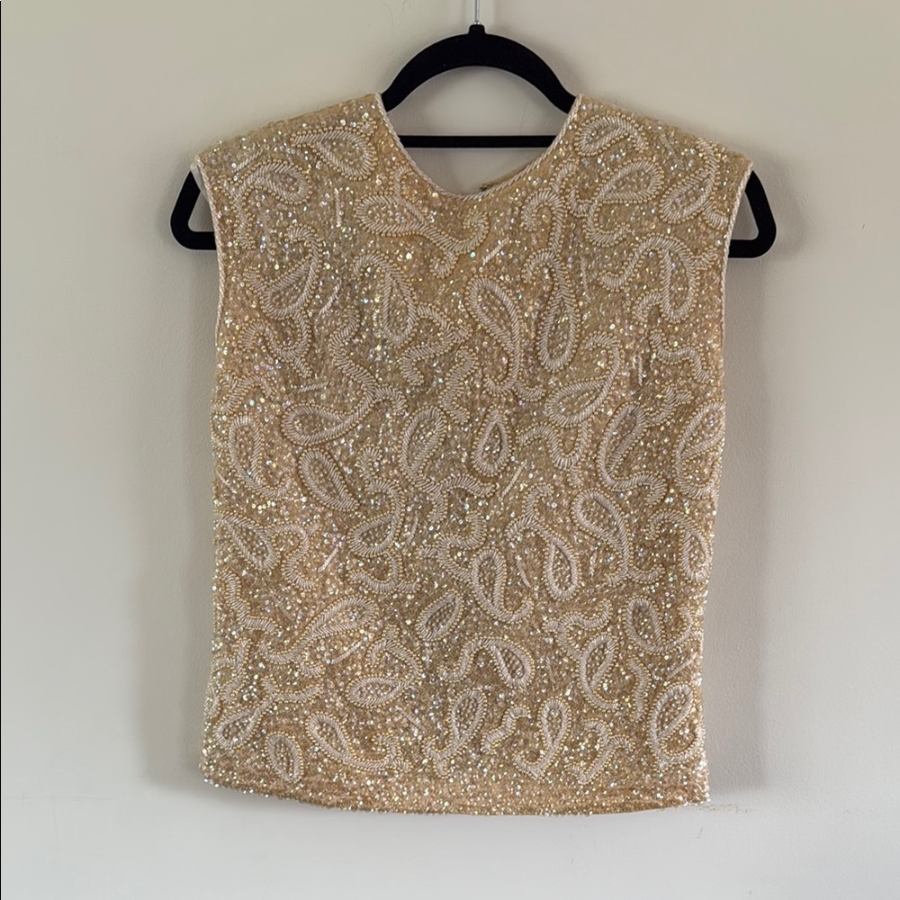 Knit and beaded paisley cream top